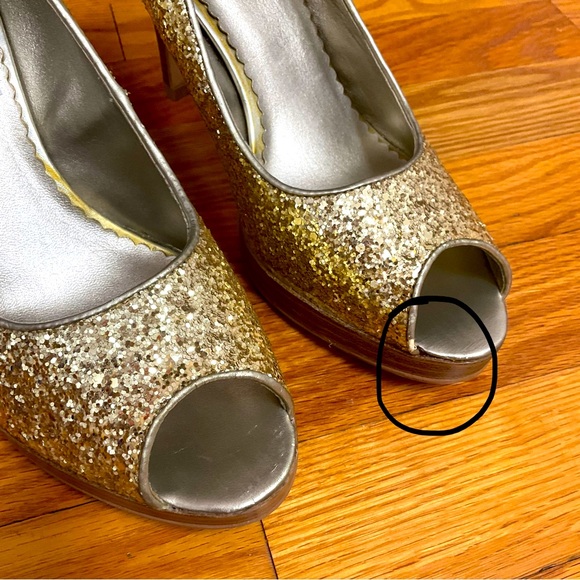 FIONI sz 8 Heels Open Toe Slight Platform Glitter Sparkly GOLD - Picture 11 of 11